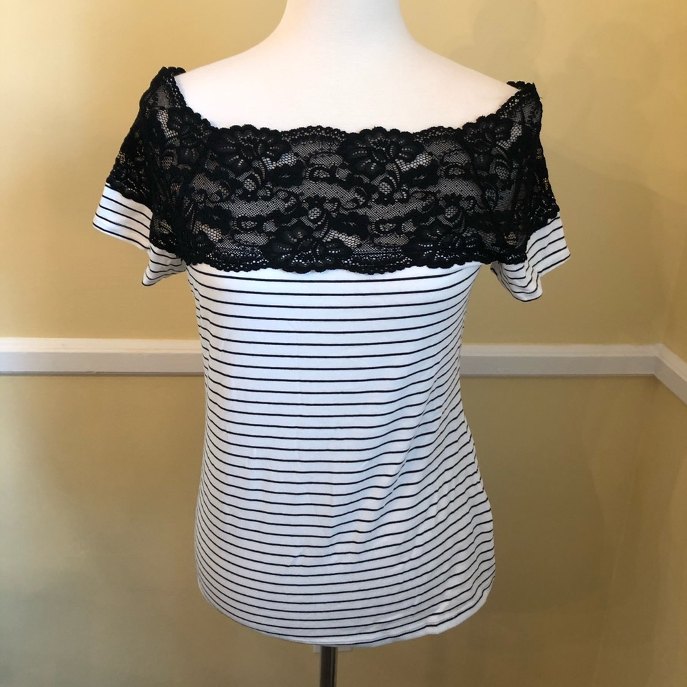 NWT-H&M partial lace black and white striped top